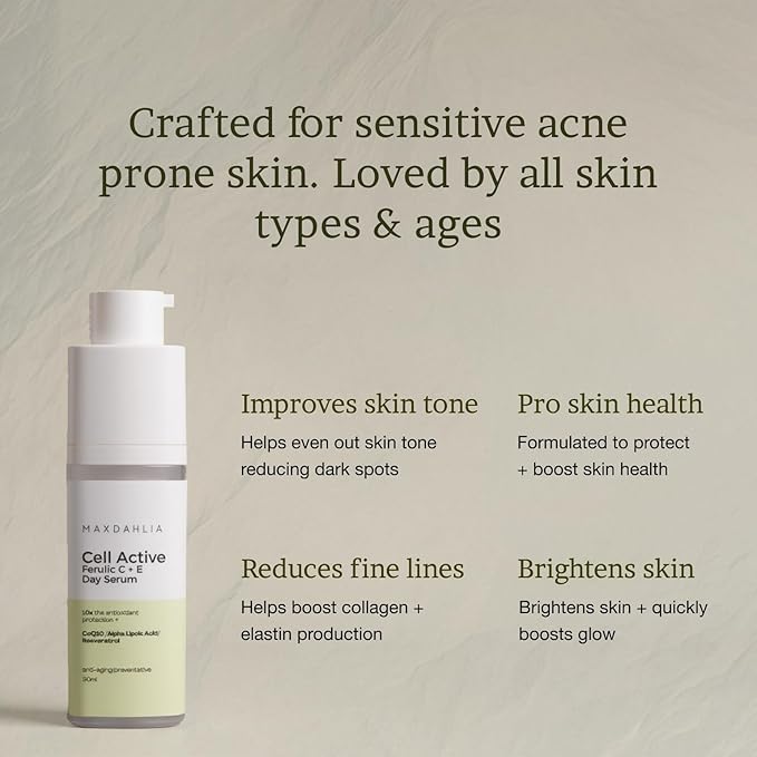 MAXDAHLIA Cell Active Day Serum | 10X Antioxidant Protection | Small-Batch Non-Oxidizing 20% Vitamin C+E Ferulic Acid with Niacinamide & Hyaluronic Acid | Anti-Aging, Brightening, Dark Spot Corrector