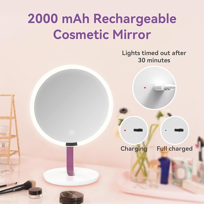 9.65-inch Lighting Makeup Mirror, 1x / 10x, Touch Control, 3-Color Adjustable, Metal Stand, up and Down Adjustable Makeup Mirror,High Color Rendering, Eye-Protecting Light Source,Pink