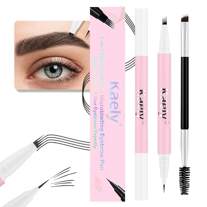 evpct 1Pcs Black Brown Magic Microblading Dual-Ended Eyebrow Contouring Pen Brow Pencil, with 4 Brush Micro-Fork-Tips Applicator and Precise Brush-Tip Hair Like Strokes, Dual-ended Eyebrow Brush