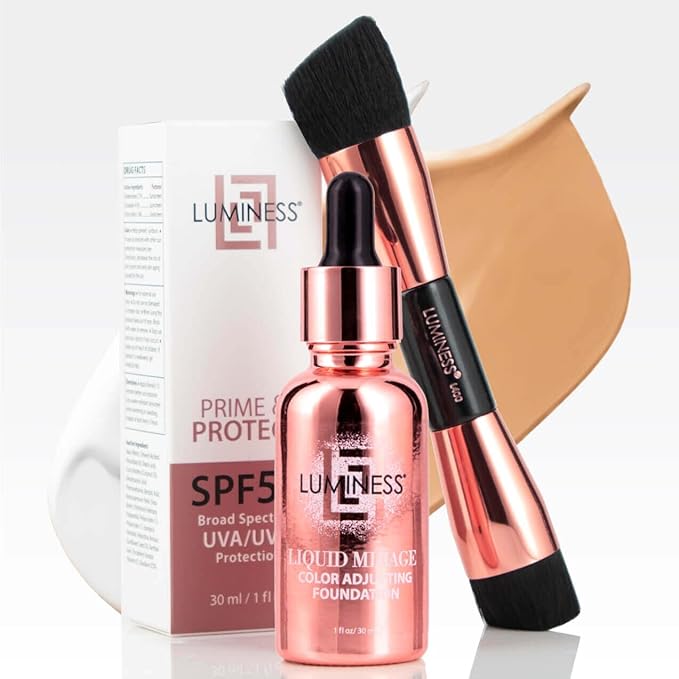 LUMINESS Liquid Mirage 3PC Kit - Color Changing Foundation with SPF 50 Primer & Makeup Brush, Hydrating & Lightweight Face Makeup, 4 in 1 Liquid Foundation, Concealer & Moisturizer (02 Medium)