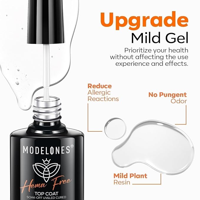 modelones Gel Nail Polish Top Coat, Hema-Free No Wipe Top Coat Hypoallergenic Gel Long Lasting Clear Glossy for Nails Protect, U V/LED Needed Home DIY Winter Manicure Gift for Girls Woman