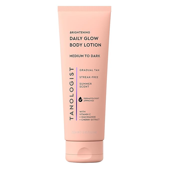 Tanologist Brightening Daily Glow Body Lotion- Medium/Dark, Gradual Tanning Lotion, No Fake Tan Smell, Streak-Free & Natural Looking Self Tanner, Vegan, 8.45 fl. oz/250 ml Tube