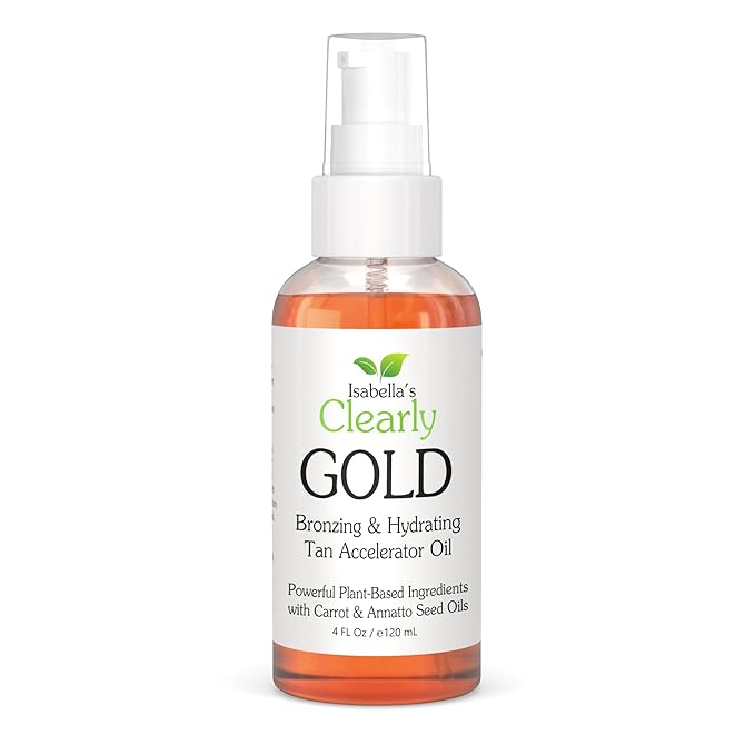 Isabella's Clearly GOLD, Natural Indoor and Outdoor Tanning Oil with Bronzer | Moisturizing Sun Tan Accelerator for a Healthy Bronze Glow with Carrot Seed Oil | Made in USA (4 Oz)