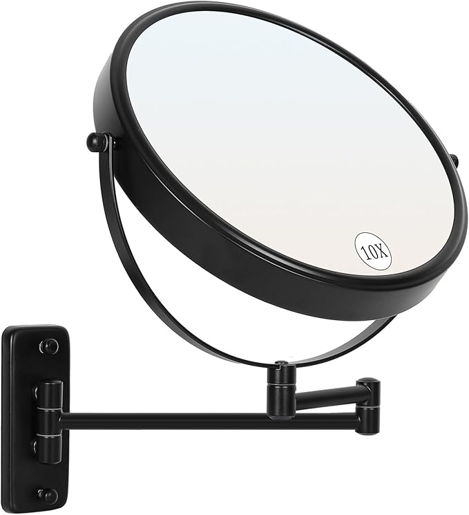 Large Size 9-in Wall Mounted Magnifying Makeup Mirror 1X/10X Magnification,Extendable Bathroom Mirrors Wall Mount Vanity Mirror for Shaving,12-in Folding Arm,Flexible Adjustable,Space-Saving,No Light