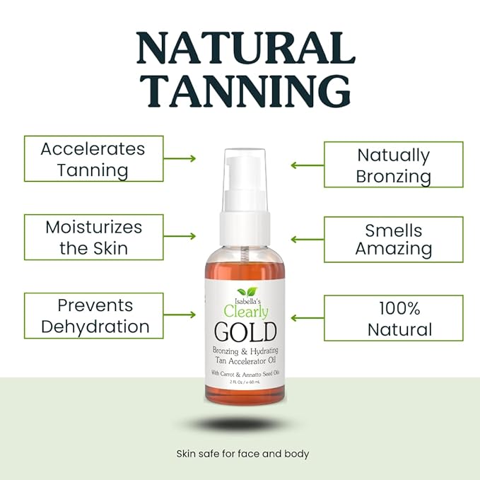 Isabella's Clearly GOLD, Natural Indoor and Outdoor Tanning Oil with Bronzer | Moisturizing Sun Tan Accelerator for a Healthy Bronze Glow with Carrot Seed Oil | Made in USA