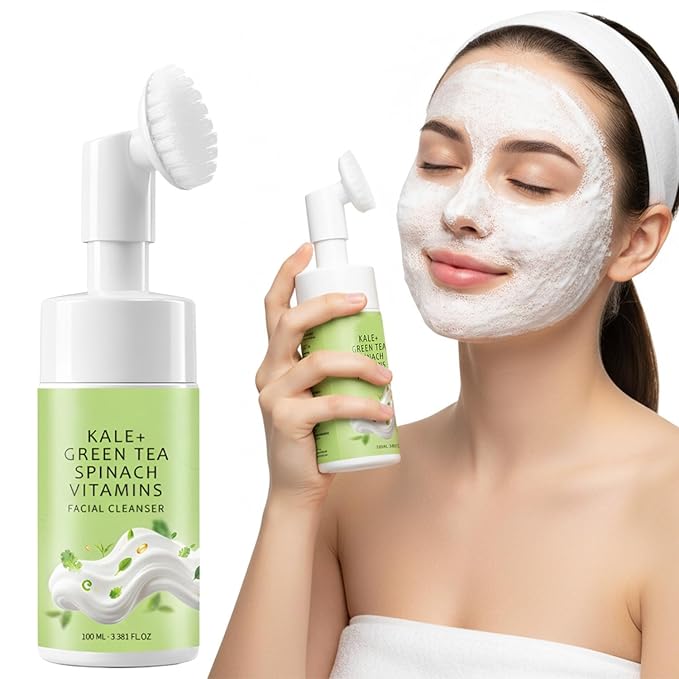 Facial Cleanser with Kale Green Tea Spinach & Vitamins B5 E, Gentle Gel-to-Foam Face Wash, Hydrating Daily Cleanser for All Skin Types, Deep Clean Nourishing Formula, Soft Brush Included, 3.38 FL OZ
