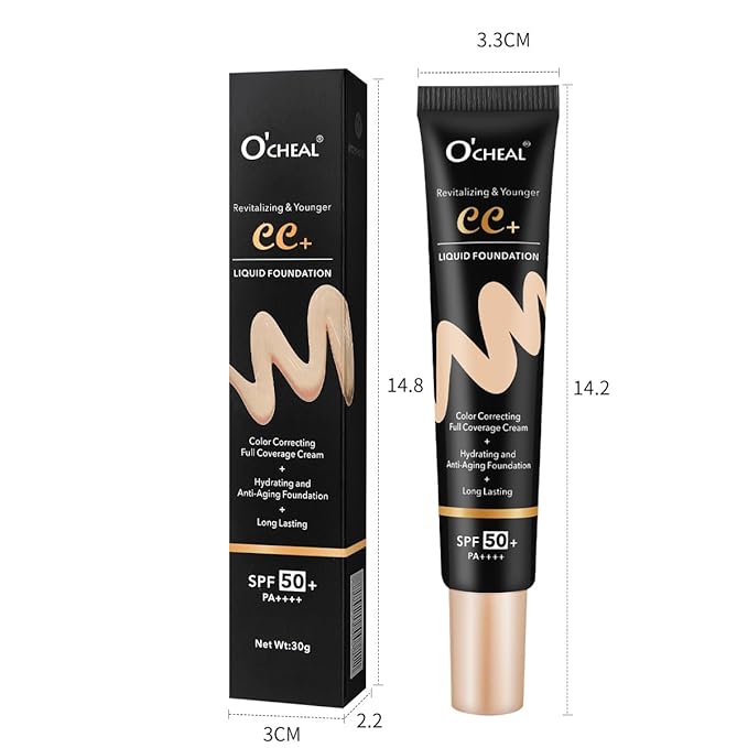 O'CHEAL CC Cream with SPF 50+, Hydrating Color Correcting Cream Full Coverage Lightweight Powder Foundation, Waterproof Long Lasting Pre-makeup Primer Facial Concealer Refine Skin Texture (Ivory)