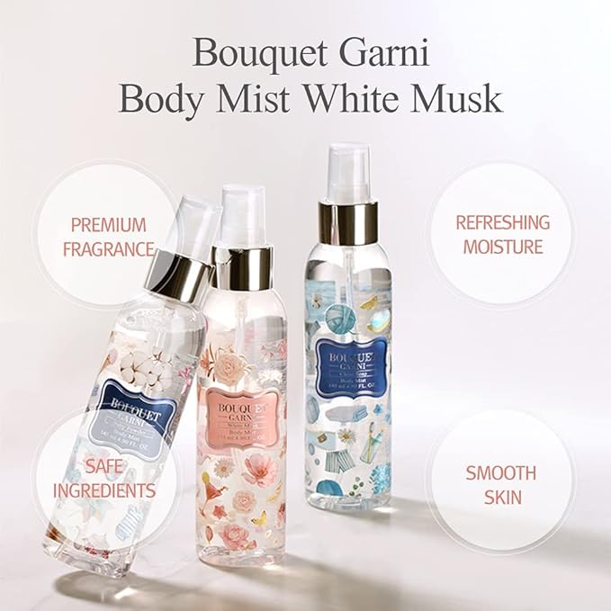 Bouquet Garni Hair & Body Mist White Musk Fragrance - Long-lasting Moisture & Fragrance, Mist for Women, Low Irritation (Containing Vitamin E, Citrus Acid) - 4.9 oz