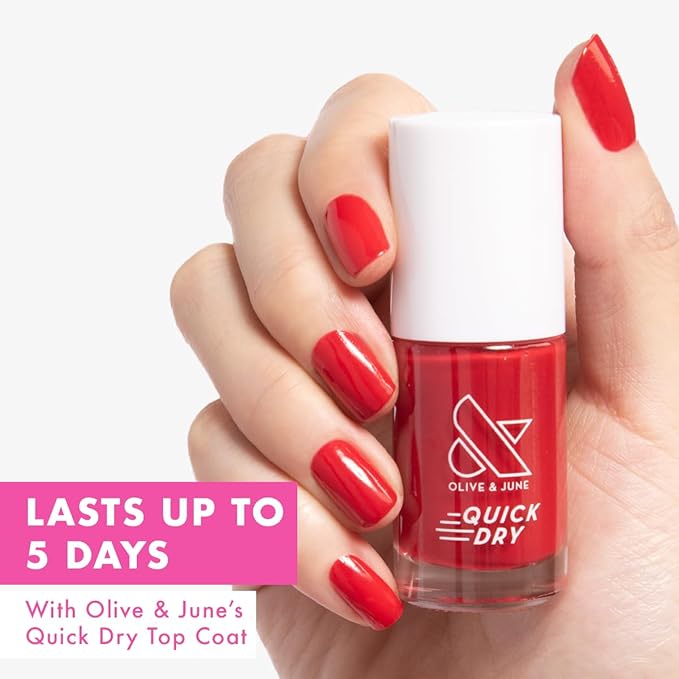 Olive & June Quick Dry Nail Polish | Instant, Fast-Drying, Smudgeproof Color | 15-free, Vegan, Cruelty-Free Formula | Lasts up to 5 Days | Salon-Quality Manicure, Pedicure at Home | Smooch Scarlet Red
