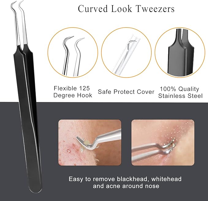 Pimple Popper Tool Kit - 6 Pcs Blackhead Remover Comedone Extractor Tool Kit with Metal Case for Quick and Easy Removal of Pimples, Blackheads, Zit Removing, Forehead, Facial and Nose(Black)