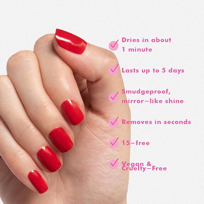 Olive & June Quick Dry Nail Polish | Instant, Fast-Drying, Smudgeproof Color | 15-free, Vegan, Cruelty-Free Formula | Lasts up to 5 Days | Salon-Quality Manicure, Pedicure at Home | Smooch Scarlet Red