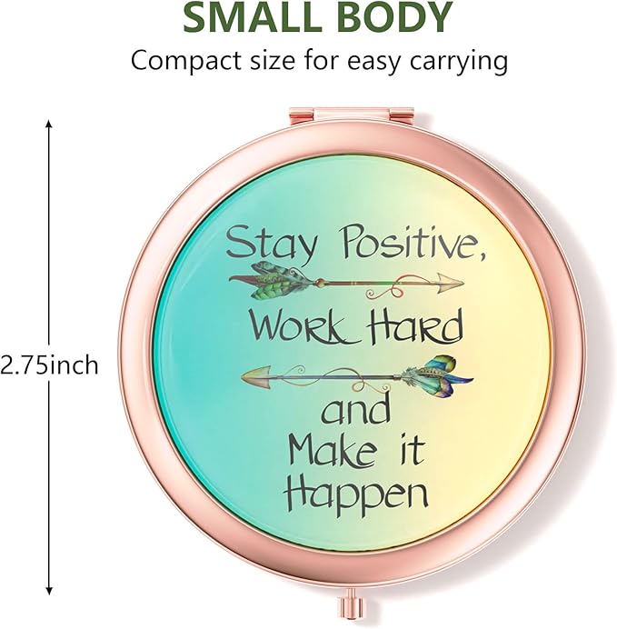 Nipichsha Compact Mirror, Pocket Travel Makeup Mirror, 2 - Sided 2X / 1X Magnification, Small Folding Portable Handheld, 2.75 in Rose Gold, Inspirational Quotes
