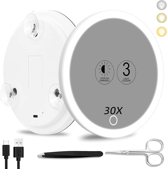 30x Magnifying Mirror with Light, 3 Color Modes, Dimmable, Rechargeable, 6" Viewing Area, 3 Suction Cups, Travel Makeup Mirror, High Magnification, Includes Tweezers & Scissors