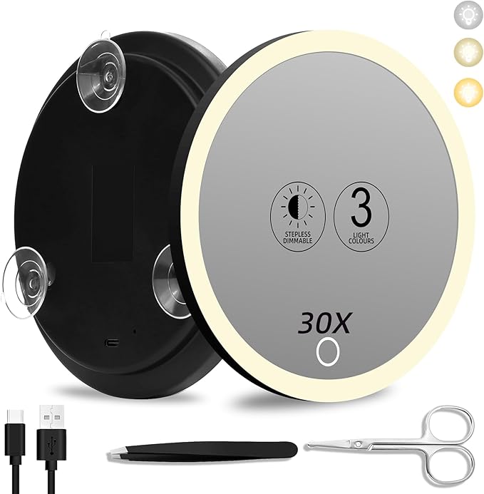 30x Magnifying Mirror with Light, 6inch Lighted 30x Magnified Mirror with 3 Suction Cups, Travel Magnifying Mirror 30x with light, High Magnification Makeup Mirror with Tweezers & Scissors Sets