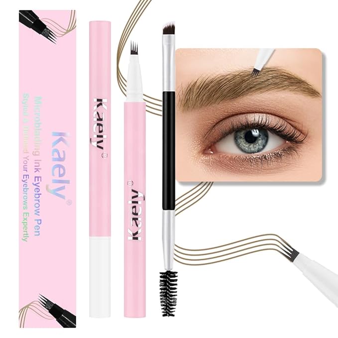 evpct 2Pcs Brown Magic Microblading Eyebrow Contouring Pen Brow Pencil, with 4 Brush Micro-Fork-Tips Precise Applicator, with Dual-ended Eyebrow Brush, Hair Like Strokes, Natural Looking Brows