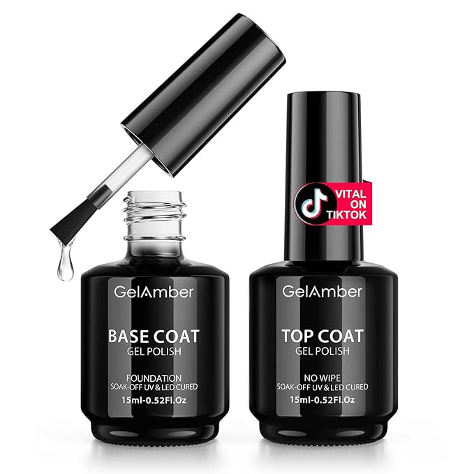 2Pcs 15ml Gel Top Coat and Gel Base Coat, No Wipe Top and Base Gel Polish Kit, High Glossy Shine Long Lasting Soak Off Nail Art for Home DIY and Professional Manicure Gift