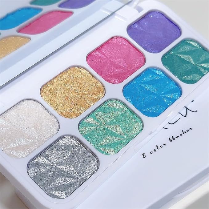 8-Color Highlighter & Contour Palette - Shimmer, Glitter, Iridescent Multichrome Holographic Eyeshadow for Face & Cheek, Purple Rainbow Highlight Makeup