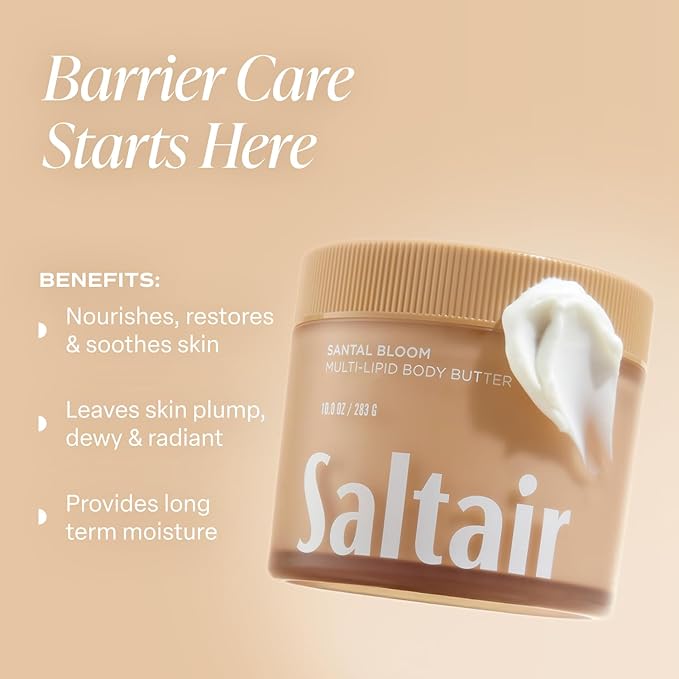 Saltair Multi-Lipid Body Butter - Rich, Nourishing Hydrating Body Cream with Ceramide Complex, Coconut Oil, Shea Butter, and Sea Buckthorn. Moisturizing Dry Skin Care. 10oz Jar - Santal Bloom