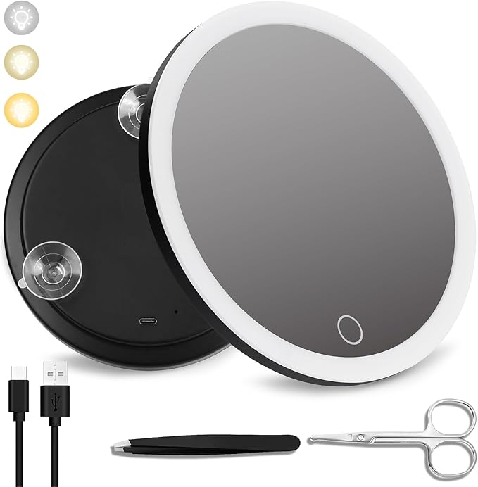 10x Magnifying Mirror with Light, 3 Color Modes Dimming 6'' Lighted 10x Magnified Mirror with 3 Suction Cups, Travel Magnifying Mirror 10x, High Magnification Makeup Mirror with Tweezers & Scissors