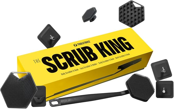 TOOLETRIES The Scrub King - Men's Silicone Body and Face Scrubber Set - Back Scrubber for Shower, Body Scrubbers, Storage Hooks, & Face Brush Holder - Shower Accessories for Men - Charcoal