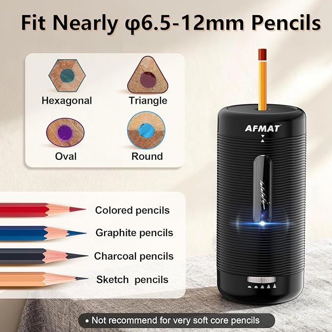 AFMAT Electric Pencil Sharpener, Fully Automatic Pencil Sharpener, Auto in & Out, Rechargeable Hands-Free Sharpeners for Jumbo & Colored Pencils (6.5-12mm), Portable for Home/Classroom/Office PSC2