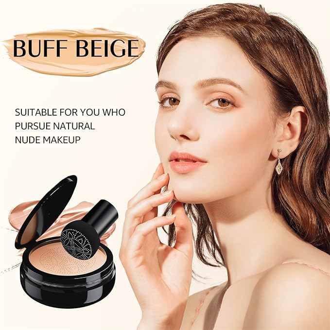 Air Cushion BB Cream Foundation - Mushroom Head CC Cream Concealer Makeup Base Water & Sweat-Proof, Create Flawless and Natural Look for All Skin Types (Buff Beige)