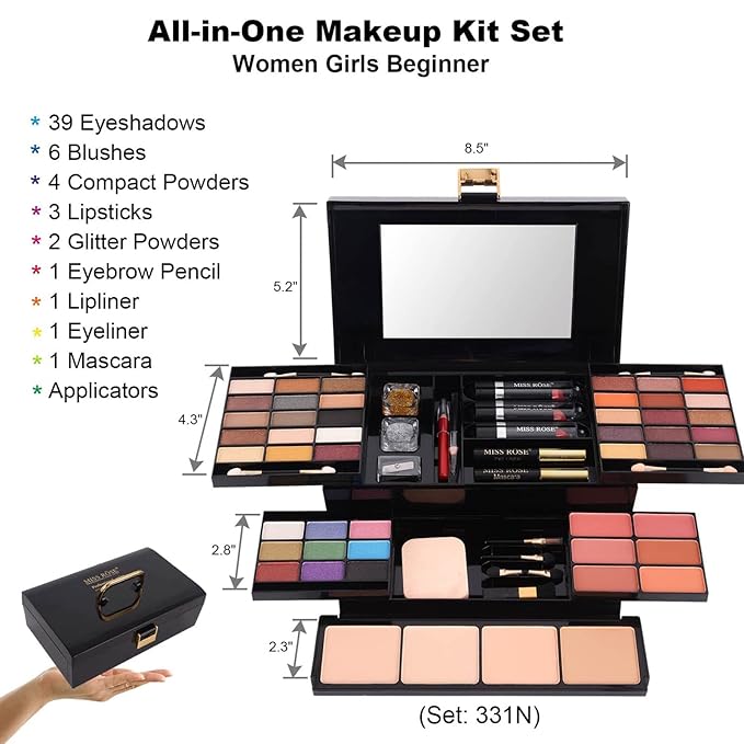 MISS ROSE M 58 Color Professional Makeup Kit for Women Full Kit, Include Eyeshadow Facial Blusher Eyebrow Powder Face Concealer Powder Eyeliner Pencil and a Mirror(331N)