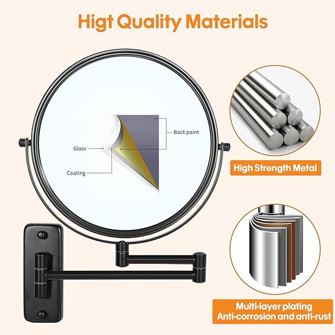 Large Size 9-in Wall Mounted Magnifying Makeup Mirror 1X/10X Magnification,Extendable Bathroom Mirrors Wall Mount Vanity Mirror for Shaving,12-in Folding Arm,Flexible Adjustable,Space-Saving,No Light