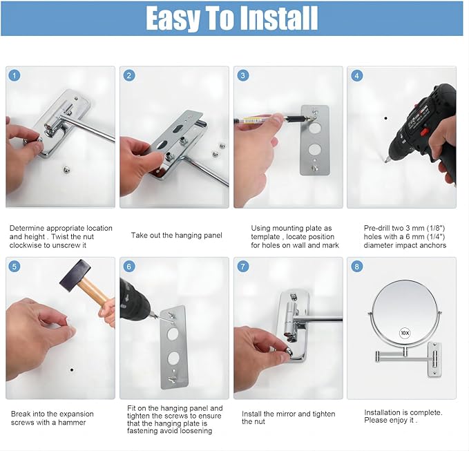 Large Size 9-in Wall Mounted Magnifying Makeup Mirror 1X/10X Magnification,Extendable Bathroom Mirrors Wall Mount Vanity Mirror for Shaving,12-in Folding Arm,Flexible Adjustable,Space-Saving,No Light