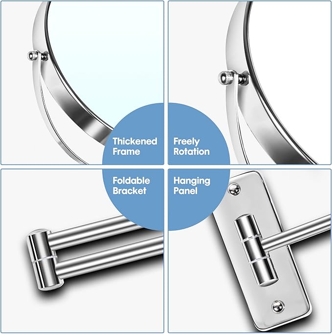 Large Size 9-in Wall Mounted Magnifying Makeup Mirror 1X/10X Magnification,Extendable Bathroom Mirrors Wall Mount Vanity Mirror for Shaving,12-in Folding Arm,Flexible Adjustable,Space-Saving,No Light