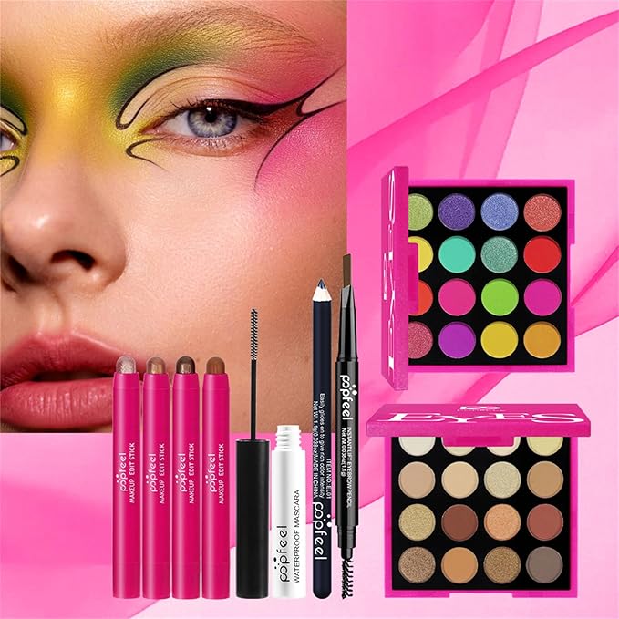 All in One Makeup Kit for Women Full Kit, Christmas Day Gifts Set for Women Girls, Hot Pink Makeup Essential Bundle Include Eyeshadow Palette Lipstick Blush Foundation Concealer Mascara Eyebrow Pencil