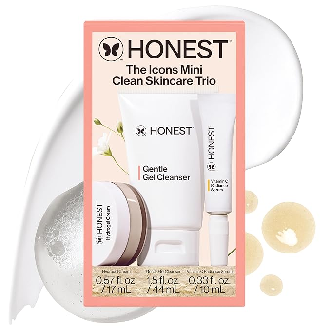 Honest Beauty The Icons Skincare Trio Travel Kit, Mini Hydrogel Cream, Gentle Gel Cleanser, Vitamin C Radiance Serum for Sensitive Skin, Vegan
