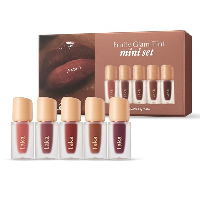 Laka Fruity Glam Tint Mini Set, 5pc Lip Tint Gift Set for Women, Hydrating & Glowy Finish, Lightweight & Transfer-proof Stain, Perfect Holiday Stocking Stuffers, K-Beauty
