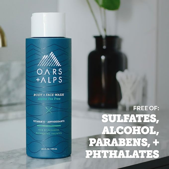 Oars + Alps Body and Face Wash for Men, Mens Body Wash & Face Cleanser with Vitamin E and Antioxidants, Moisturizing, Hydrating, Paraben & Sulfate Free Cleanser, Alpine Tea Tree, 1pk