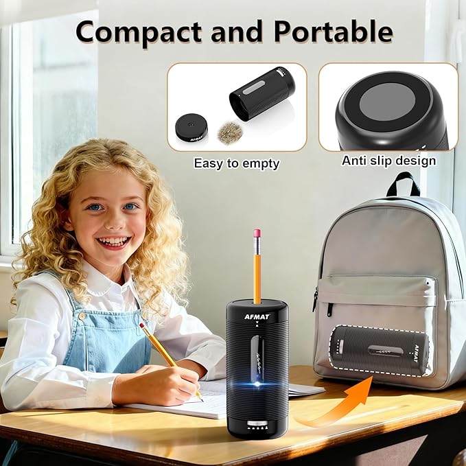 AFMAT Electric Pencil Sharpener, Fully Automatic Pencil Sharpener, Auto in & Out, Rechargeable Hands-Free Sharpeners for Jumbo & Colored Pencils (6.5-12mm), Portable for Home/Classroom/Office PSC2