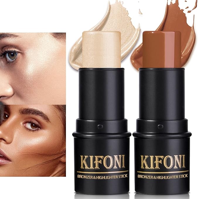 2 Pcs Cream Contour Stick Makeup Kit, Cream Highlighter Stick & Contour Bronzer Stick for Cheeks, Lightweight Blendable Smooth -Highlighter & Bronzer (#05 Beige Gold #08 Brown)