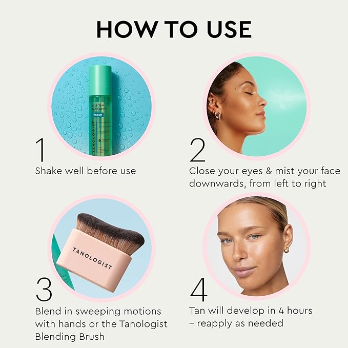 Tanologist Self Tan Face Mist, Medium Shade, Hydrating Tanning Spray, Streak-Free, Radiant Finish, Paraben-Free, No Fake Tan Smell, For All Skin Types, 3.38 fl. oz/100 ml Bottle