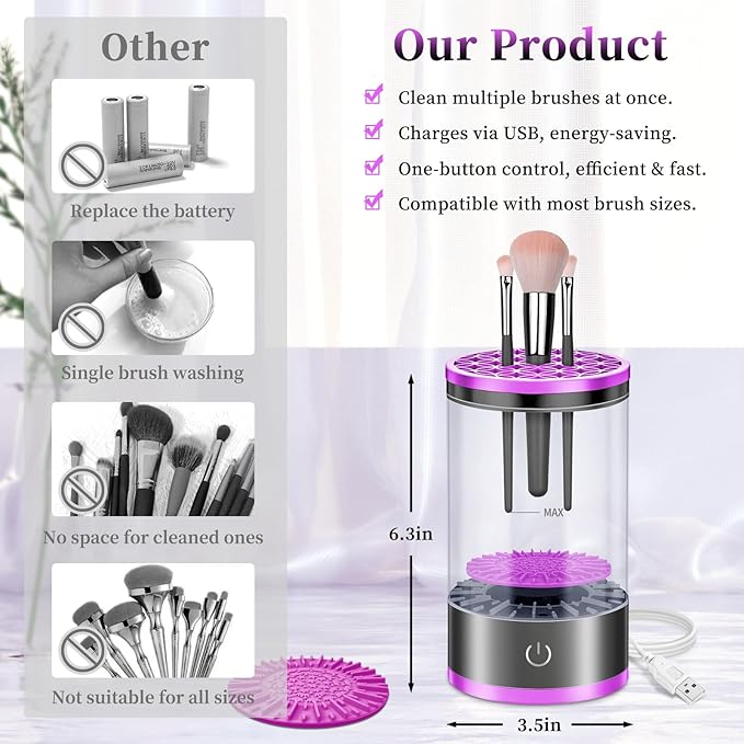 Electric Makeup Brush Cleaner, Quick Efficient Machine for Deep Cleaning All Types of Brushes, Portable Compact Design for Travel Home Use, for Makeup Lovers & Professionals - Purple