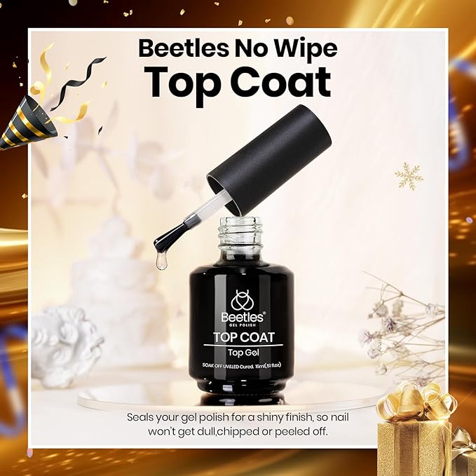 beetles Gel Polish No Wipe Gel Top Coat - Clear Color Top Coat Gel Nail Polish Shine Finish and Long Lasting, Soak Off Nail Lamp, 15ml Christmas Nails Gifts for Women