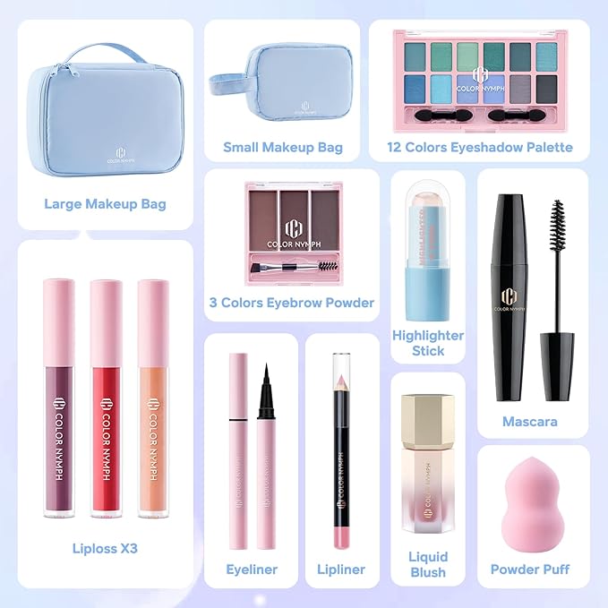 Color Nymph Makeup Sets for Women Teen Girls with 2-in-1 Travel Handbag, All In One Makeup Kits Full Kit Includes Eyeshadow Lipgloss Eyebrow Powder Highlighter Blush Mascara Eyeliner Lipliner & Puff