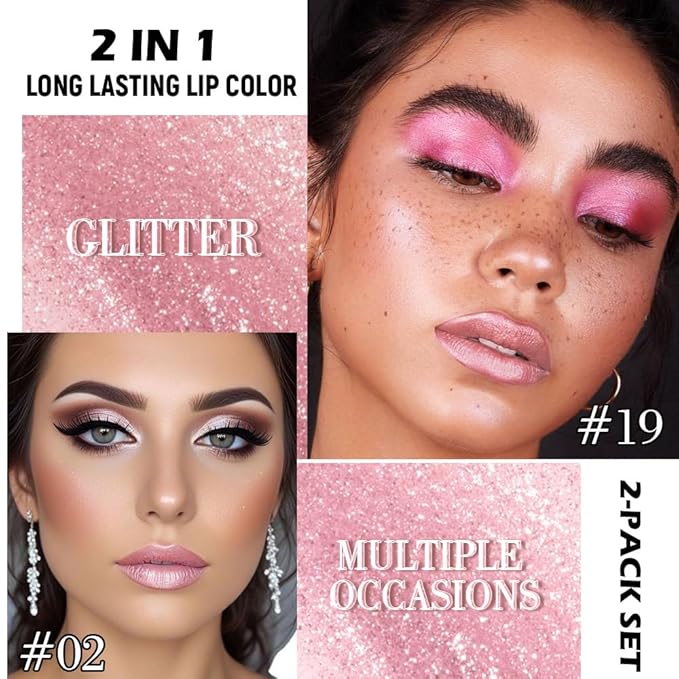 evpct 2Pcs Nude Baby Pink Metallic Glitter Lip Liner and Lipstick Combo, Shimmery Lip Gloss Stain Set Makeup for Women Long Lasting Waterproof 24, Metallic Shimmer Iridescent Glossy Liquid Lipstick