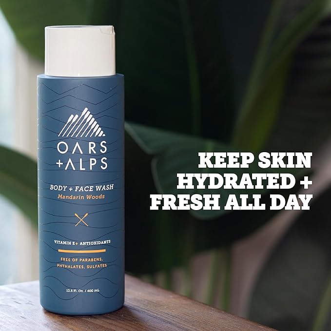 Oars + Alps Mens Moisturizing Body and Face Wash, Skin Care Infused with Vitamin E and Antioxidants, Sulfate Free, Mandarin Woods, 13.5oz, 3 Pack