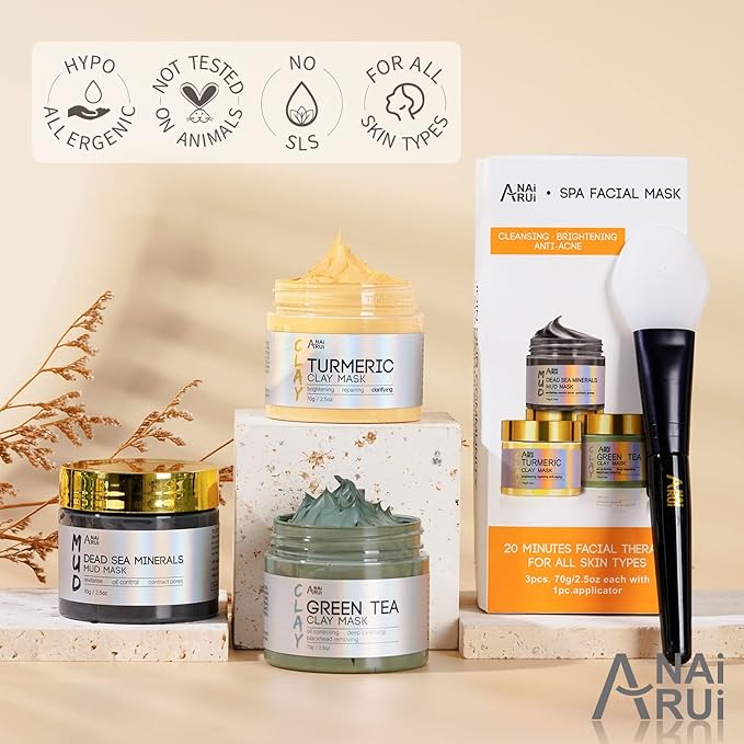 ANAI RUI Christmas Face Mask Gift Set, Turmeric Clay Mask - Green Tea Mask - Dead Sea Minerals Mud Mask, Bulk Christmas Gifts for Women/Tees Girls Stocking Stuffers2.5 oz each