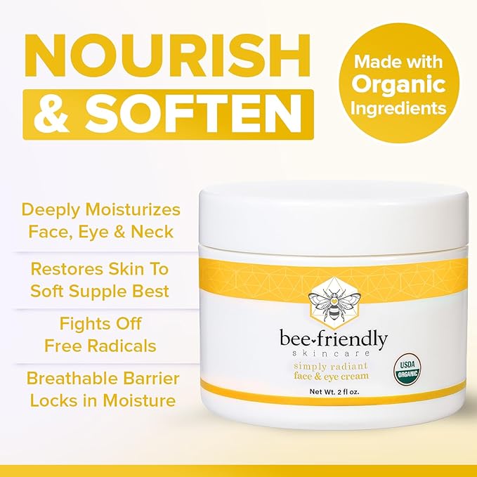 BeeFriendly Organic Face and Eye Cream, USDA Certified Organic Facial Moisturizer, All In One Natural Face, Eye, Neck, Decollete Cream Reduces Wrinkles & Lines, 6 oz (3 Jars in a box)