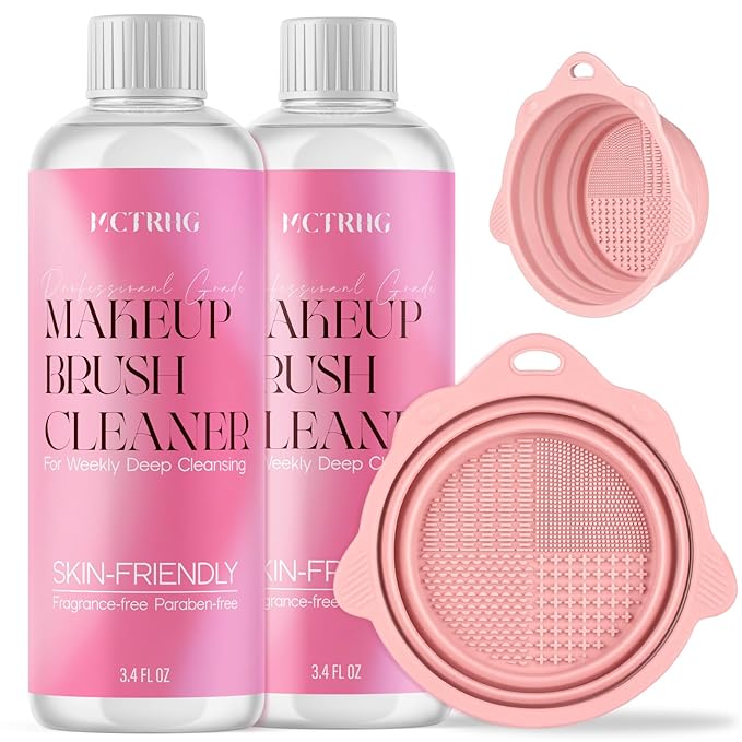 Makeup Brush Cleaner Solution, 6.8 Fl Oz Deep Cleansing Make Up Brush Cleaner Cleanser for Brushes, Sponge, Puff, Professional Makeup Brush Shampoo with Foldable Silicone Cleaner Bowl