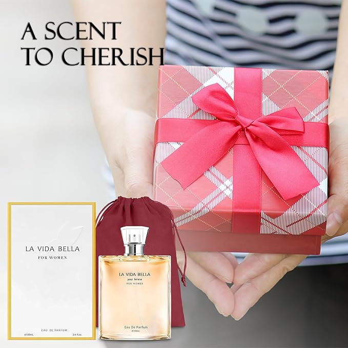 La Vida Bella Eau de Parfum Spray Perfume, Fragrance For Women-Daywear, Casual Daily Cologne Set with Suede Pouch- 3.4 Fl Oz Bottle Beauty Gift for Birthday, Anniversary