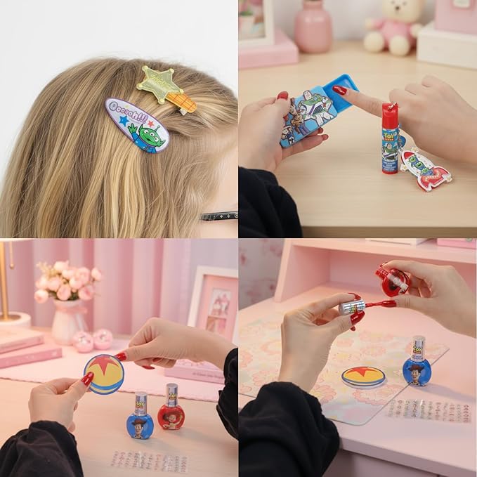 Toy Story Bag Gift Makeup Set Includes 2 Nail Polishes, 1 Lip Gloss, 1 Lip Balm with Keychain, 2 Hair Pins,1 Bag, Perfect for Kids Girls Birthday Gift by Townley Girl