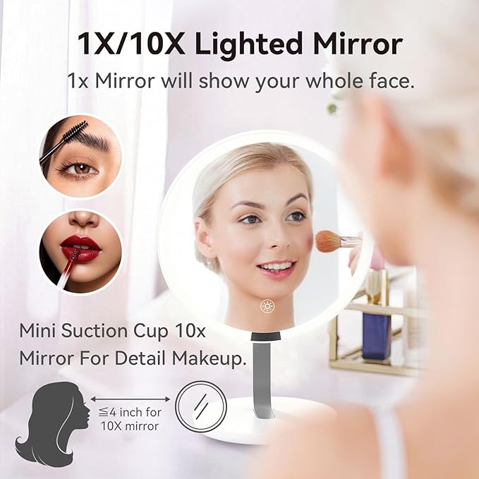 9.65-inch Lighting Makeup Mirror, 1x / 10x,Touch Control,3-Color Adjustable,Metal Stand,up and Down Adjustable Makeup Mirror, High Color Rendering, Eye-Protecting Light Source,Silver