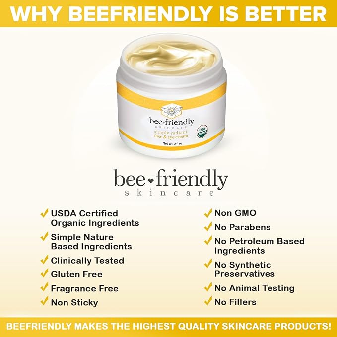BeeFriendly Organic Face and Eye Cream, USDA Certified Organic Facial Moisturizer, All In One Natural Face, Eye, Neck, Decollete Cream Reduces Wrinkles & Lines, 6 oz (3 Jars in a box)