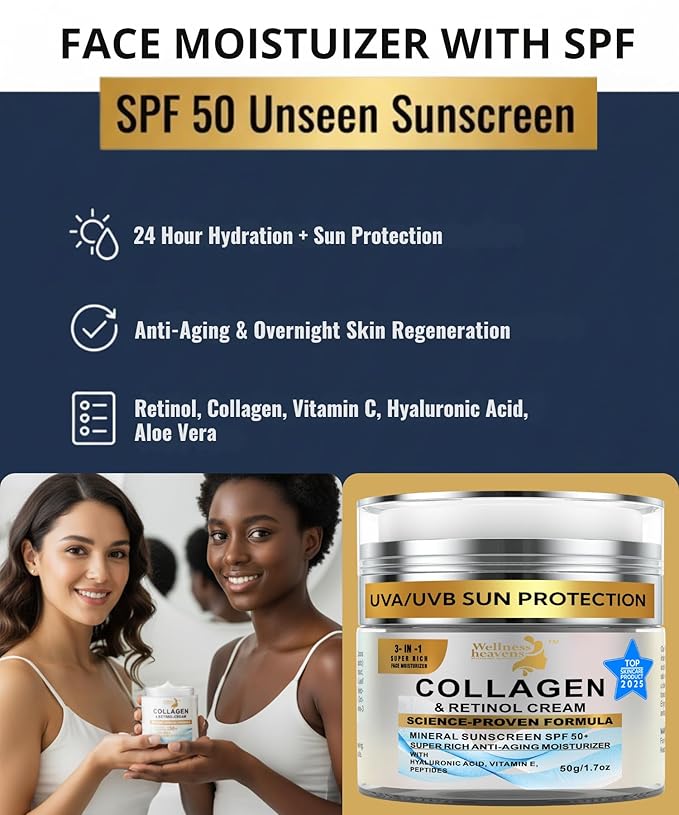 Anti-Aging Face Moisturizer for Face, Collagen, Retinol, Hyaluronic Acid Cream, Age-Defying, Lift & Firm Cream, Face Moisturizer with SPF, Daily Face Sunscreen, Lotion, Great for Dry, Aging Skin 1.7oz